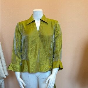 Multiples Shimmering Olive Wrap Blouse